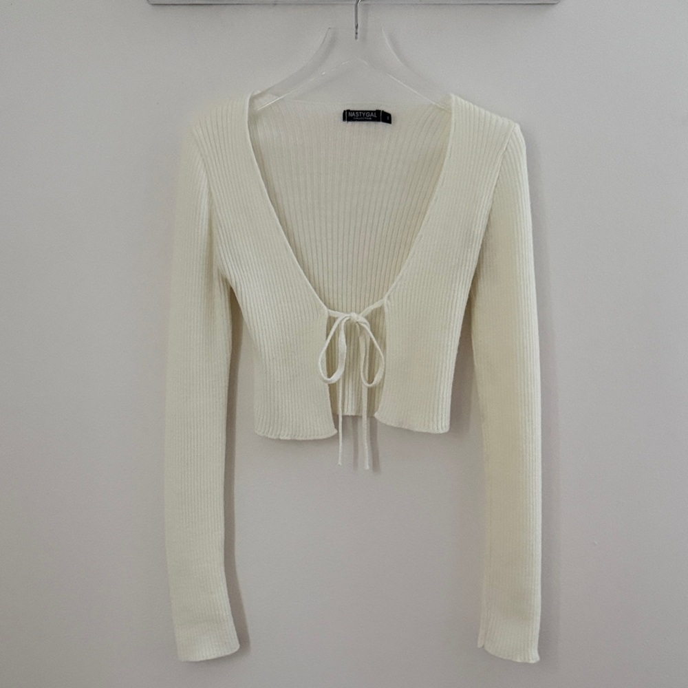 Y2K cottagecore Cream Ribbed Crop Top small tie crop NastyGal Collection